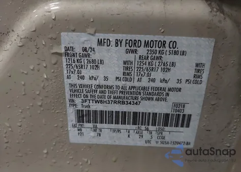 2024 Ford Maverick Xlt из США, поврежденный, VIN 3FTTW8H37RRB34347